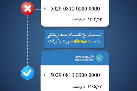 تمدید تاریخ انقضای کارت‌های بانک توسعه تعاون به مدت 3ماه
